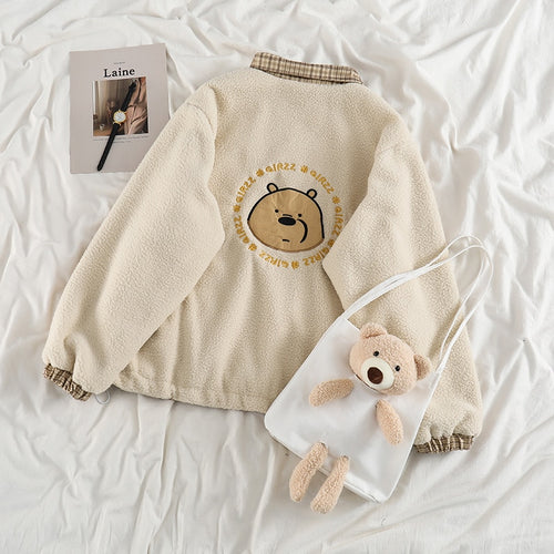 Turn-down Collar New Kawaii Catoon Coats Spring Women 2022 Long Sleeve Soft Warm Bear Cute Jackets Fall Zipper Plaid Tops