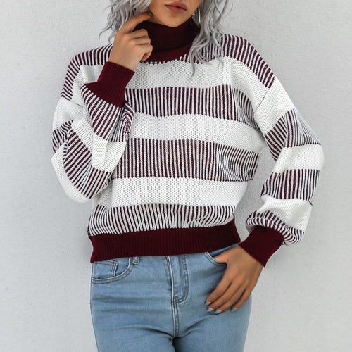 Turtle Neck Women Knitted Pullovers 2021 Batwing Sleeves Striped Sweater Casual Loose Oversized Lady Sweaters Pullover Top Femme