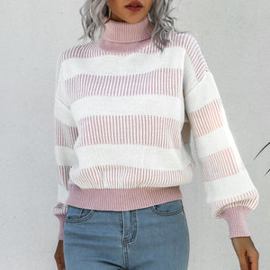 Turtle Neck Women Knitted Pullovers 2021 Batwing Sleeves Striped Sweater Casual Loose Oversized Lady Sweaters Pullover Top Femme