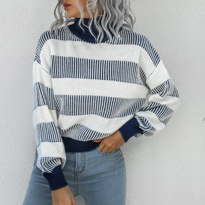 Turtle Neck Women Knitted Pullovers 2021 Batwing Sleeves Striped Sweater Casual Loose Oversized Lady Sweaters Pullover Top Femme