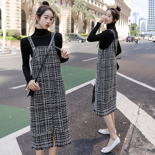 Turtleneck Sweater Woolen Suspender Skirt 2 Piece Set Women Autumn Long Sleeve Knitted Top Fashion Korean Female Clothes Set