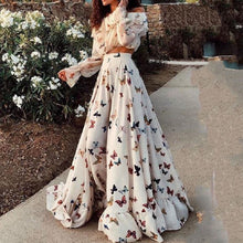 Load image into Gallery viewer, Two Piece Elegant Petal Sleeve Crop Top &amp; High Waist Ruffle Hem Maxi Skirt Set Fashion Slim Boho Beach Skirt Suits