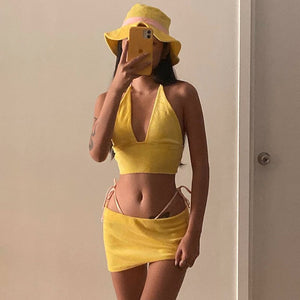 Two Piece Outfits Women Fashion Halter Sexy Backless Crop Top and Mini Skirts 2 Piece Set 2021 Summer Sexy Bodycon Women's Set