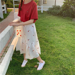 Two Piece Rose Embroidered Elastic High Waist Midi Skirt + Short Sleeve T-Shirt Top Summer Clean Women Suits Plus Size Sweet Set