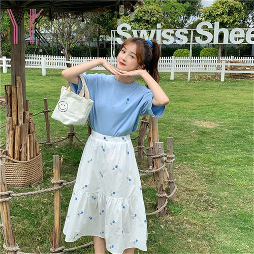 Two Piece Rose Embroidered Elastic High Waist Midi Skirt + Short Sleeve T-Shirt Top Summer Clean Women Suits Plus Size Sweet Set