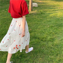 Load image into Gallery viewer, Two Piece Rose Embroidered Elastic High Waist Midi Skirt + Short Sleeve T-Shirt Top Summer Clean Women Suits Plus Size Sweet Set