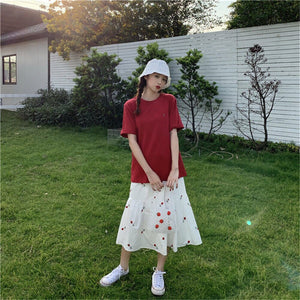 Two Piece Rose Embroidered Elastic High Waist Midi Skirt + Short Sleeve T-Shirt Top Summer Clean Women Suits Plus Size Sweet Set