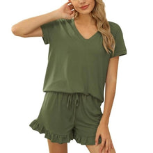 Load image into Gallery viewer, Two-Piece Ruffle Set Women Clothes Loose Summer Pajamas Sleepwear Fashion Solid v-neck Casual Top Shorts