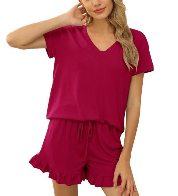 Two-Piece Ruffle Set Women Clothes Loose Summer Pajamas Sleepwear Fashion Solid v-neck Casual Top Shorts