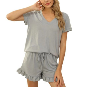 Two-Piece Ruffle Set Women Clothes Loose Summer Pajamas Sleepwear Fashion Solid v-neck Casual Top Shorts