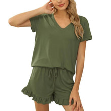 Load image into Gallery viewer, Two-Piece Ruffle Set Women Clothes Loose Summer Pajamas Sleepwear Fashion Solid v-neck Casual Top Shorts
