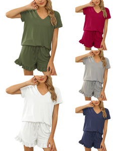 Two-Piece Ruffle Set Women Clothes Loose Summer Pajamas Sleepwear Fashion Solid v-neck Casual Top Shorts