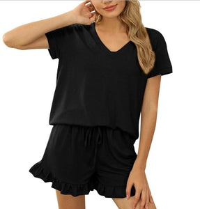 Two-Piece Ruffle Set Women Clothes Loose Summer Pajamas Sleepwear Fashion Solid v-neck Casual Top Shorts