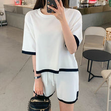 Load image into Gallery viewer, Two Piece Set 2021 Korea Women Summer Casual Fashion Hit Color O-Neck Short Sleeve Knitted Pullover Top And Shorts Outfits