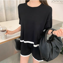 Load image into Gallery viewer, Two Piece Set 2021 Korea Women Summer Casual Fashion Hit Color O-Neck Short Sleeve Knitted Pullover Top And Shorts Outfits