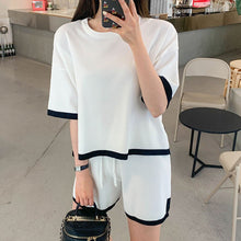 Load image into Gallery viewer, Two Piece Set 2021 Korea Women Summer Casual Fashion Hit Color O-Neck Short Sleeve Knitted Pullover Top And Shorts Outfits