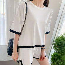 Load image into Gallery viewer, Two Piece Set 2021 Korea Women Summer Casual Fashion Hit Color O-Neck Short Sleeve Knitted Pullover Top And Shorts Outfits