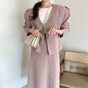 Two Piece Set Korean Chic Women Suit Dress High Waist Buttons Ruff Sleeve Jacket Set Pink Slim Casual Outfits Streetwaer