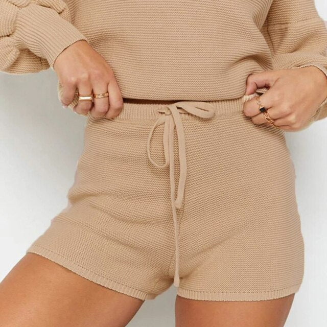Two Piece Set Matching Sets Womens Outfits Knitted Lantern Sleeve Fall Winter Clothes Women Sweaters Shorts Suit 2021 Fashion