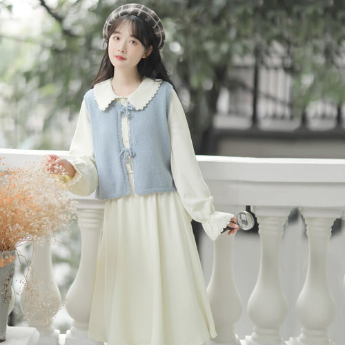 Two Piece Set Women Cute Japan Sweet Dress Suit Fall Bow Sleeveless Blue Vest+Chic Doll Collar Dress Elegant Lovely Outfits Lady