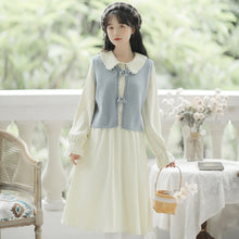 Load image into Gallery viewer, Two Piece Set Women Cute Japan Sweet Dress Suit Fall Bow Sleeveless Blue Vest+Chic Doll Collar Dress Elegant Lovely Outfits Lady