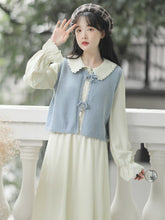 Load image into Gallery viewer, Two Piece Set Women Cute Japan Sweet Dress Suit Fall Bow Sleeveless Blue Vest+Chic Doll Collar Dress Elegant Lovely Outfits Lady