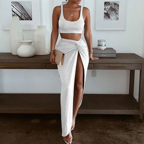 Two Piece Set Women Skirt Summer Elegant Sexy Dress Suits Halter Crop Top High Waist Long Skirts Set Woman 2 Pieces 2021 Outfits