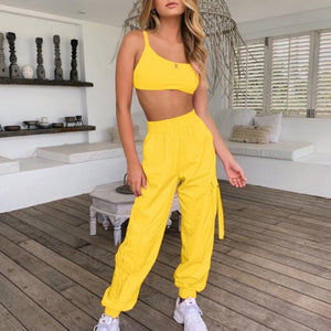 Two Piece Set Women Tracksuit Backless Strap Crop Top + Cargo Pants Jogger Suits Summer Clothes Streetwear Matching Sets Outfits