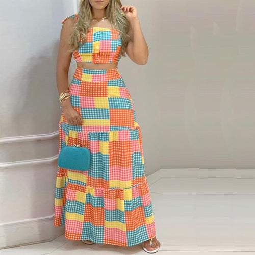 Two Piece Sexy Bandage Tube Top & High Waist Plaid Maxi Skirt Set Women Summer Casual Dress Suits Elegant Hem Skirt 2pcs