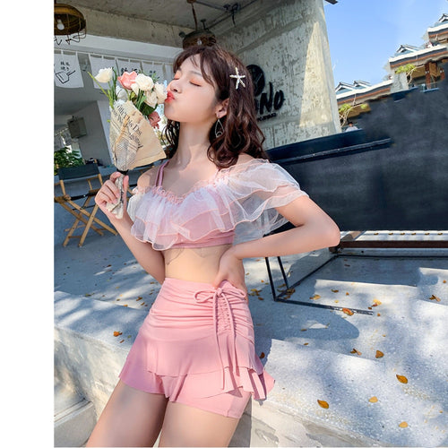 Two-Piece Swimsuit Korean Fairy Sweet Covering Belly Thin High Waist Gather Conservative Hot Bikini Swimwear Bathing Suit Women