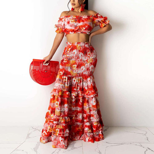 Two Piece Women Floral Printed Chiffon Dress Suits Sexy Off Shoulder Raglan Sleeve Tube Top& Ruffel Hem Splicing Maxi Skirts Set