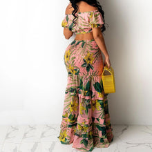 Load image into Gallery viewer, Two Piece Women Floral Printed Chiffon Dress Suits Sexy Off Shoulder Raglan Sleeve Tube Top&amp; Ruffel Hem Splicing Maxi Skirts Set