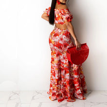 Load image into Gallery viewer, Two Piece Women Floral Printed Chiffon Dress Suits Sexy Off Shoulder Raglan Sleeve Tube Top&amp; Ruffel Hem Splicing Maxi Skirts Set