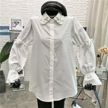 Load image into Gallery viewer, Two Pieces Set Korea Chic Turn Down Collar Puff Long Sleeve White Long Shirt+Single-breasted Beading Denim Vest Sweet Suit