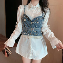Load image into Gallery viewer, Two Pieces Set Korea Chic Turn Down Collar Puff Long Sleeve White Long Shirt+Single-breasted Beading Denim Vest Sweet Suit