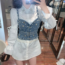 Load image into Gallery viewer, Two Pieces Set Korea Chic Turn Down Collar Puff Long Sleeve White Long Shirt+Single-breasted Beading Denim Vest Sweet Suit