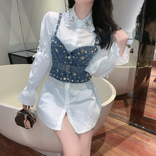 Load image into Gallery viewer, Two Pieces Set Korea Chic Turn Down Collar Puff Long Sleeve White Long Shirt+Single-breasted Beading Denim Vest Sweet Suit