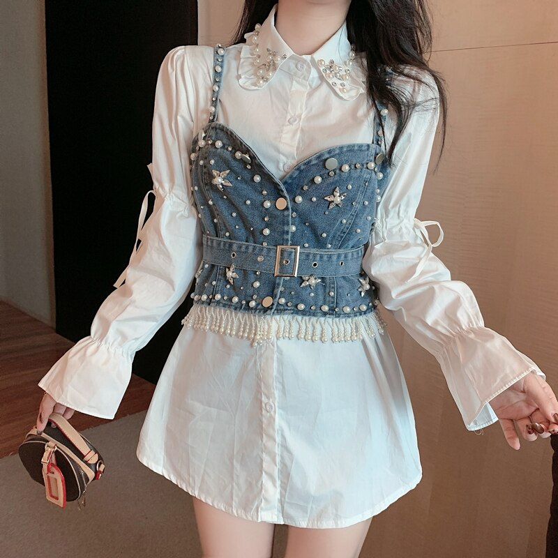 Two Pieces Set Korea Chic Turn Down Collar Puff Long Sleeve White Long Shirt+Single-breasted Beading Denim Vest Sweet Suit