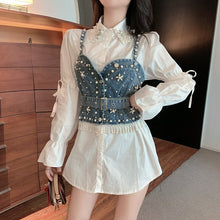 Load image into Gallery viewer, Two Pieces Set Korea Chic Turn Down Collar Puff Long Sleeve White Long Shirt+Single-breasted Beading Denim Vest Sweet Suit