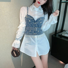 Load image into Gallery viewer, Two Pieces Set Korea Chic Turn Down Collar Puff Long Sleeve White Long Shirt+Single-breasted Beading Denim Vest Sweet Suit