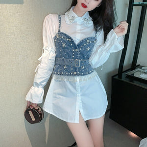 Two Pieces Set Korea Chic Turn Down Collar Puff Long Sleeve White Long Shirt+Single-breasted Beading Denim Vest Sweet Suit