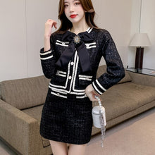 Load image into Gallery viewer, Two piece set of women&#39;s high-quality tweed, short coat with bow, jacket, skirt and small jacket, two-piece suit