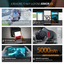Load image into Gallery viewer, Ulefone Armor X5  Android 10 Rugged Waterproof  Smartphone IP68 MT6762 Cell Phone 3GB 32GB Octa core NFC  4G LTE Mobile Phone