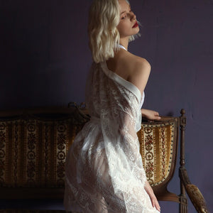 Ultra-Thin Lace Transparent Kimono Robe with Belt Homewear Perspective Temptation Women Sexy Robes Black White Bathrobe Gowns