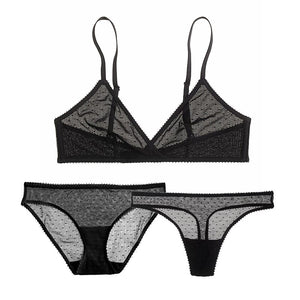 Ultra-thin Dots Mesh Lace Underwear Transparent Unlined Bra Set for Ladies Sexy Lingerie Set Deep V Bralette Set 1 bra+2 panties