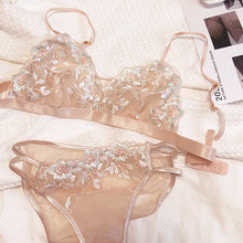 Load image into Gallery viewer, Ultra-thin Sexy Bra French Embroidery Lace Dream Triangle Cup Wireless Small Chest Underwear Set See Through Bra and Panty Set