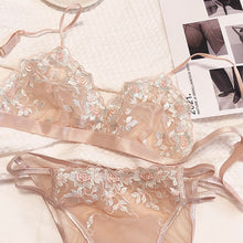 Load image into Gallery viewer, Ultra-thin Sexy Bra French Embroidery Lace Dream Triangle Cup Wireless Small Chest Underwear Set See Through Bra and Panty Set