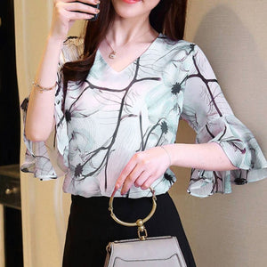 V-Neck Chiffon Blouses Shirts Women Short Sleeve Casual Summer Style Flower Printed Blusas Lady Tops