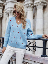 Load image into Gallery viewer, V-Neck Embroidery Heart Sweater Women Pullovers Girl's Korean Style Kawaii Sweater Autumn Winter Casual Pullovers Tops