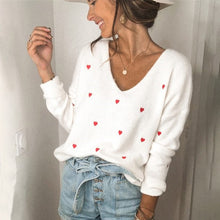 Load image into Gallery viewer, V-Neck Embroidery Heart Sweater Women Pullovers Girl's Korean Style Kawaii Sweater Autumn Winter Casual Pullovers Tops